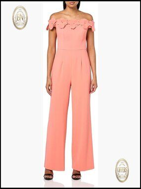 Polyester Crepe Rosette Jumpsuit, Off-the-Shoulder, Sleeveless, Breathable